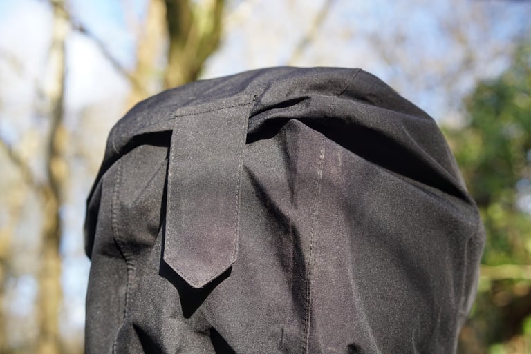 Back of the TSG Drop Rain Jacket hood with the wide velcro tab that reduces its volume.
