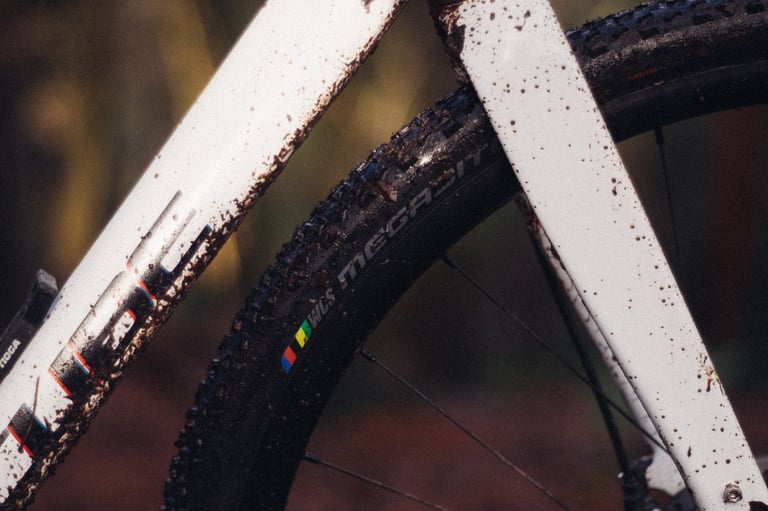Ritchey MegaBite WCS tyre flecked with mud, seen through the seatstays of a white cyclo-cross frame.