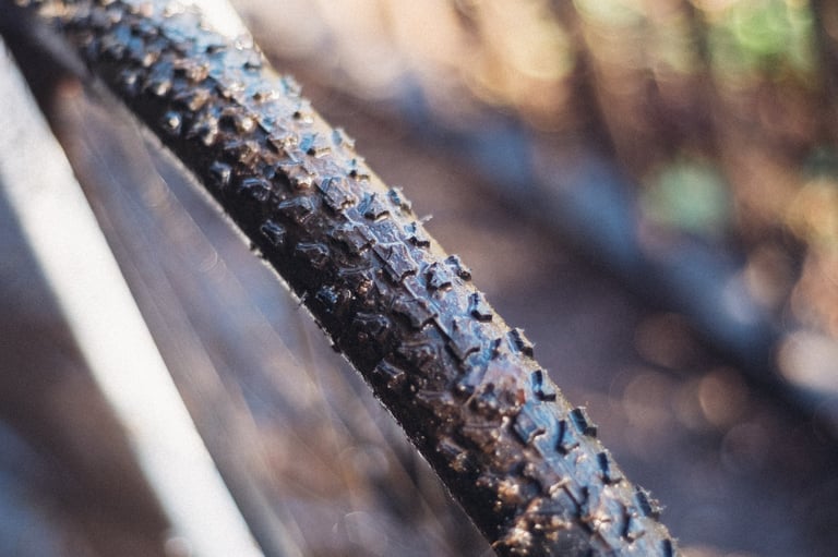 Widely spaced knobs on the Ritchey MegaBite WCS tread, wet with mud, against a blurred woodland background.