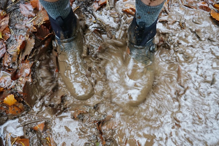 Muddy puddle splashing around a rider's Northwave Magma XC Core winter shoes on a leafy British trail.