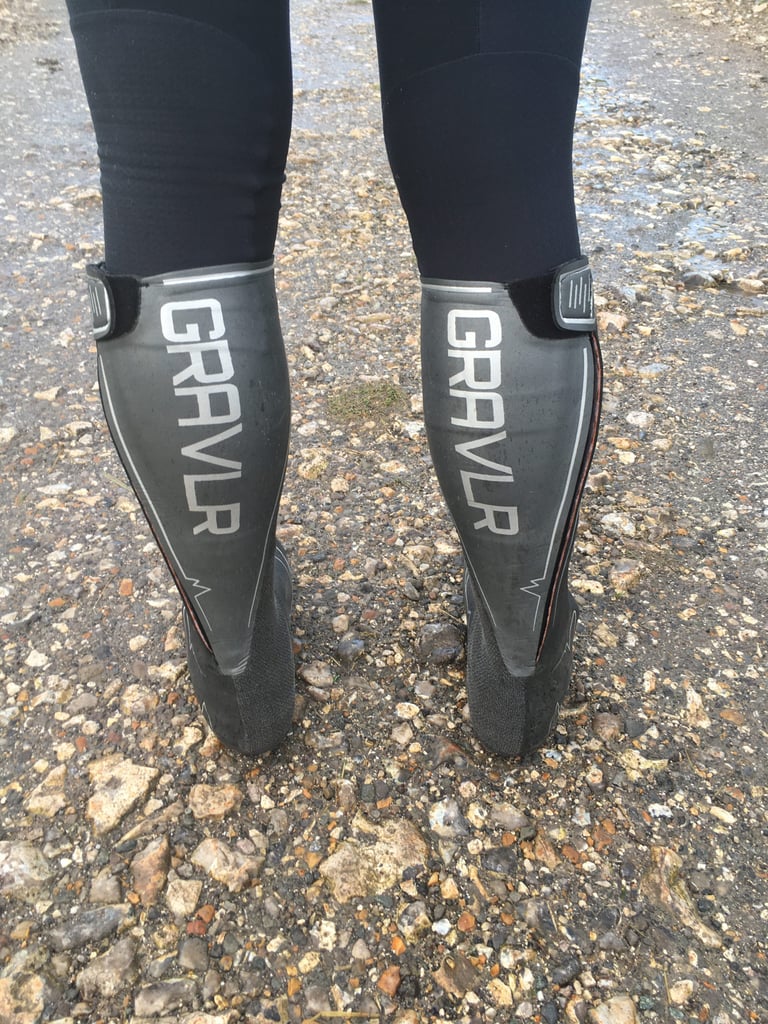 Rear view of the SPATZ GravlR overshoes with large GRAVLR lettering down the back of each calf.