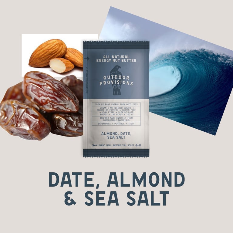 Outdoor Provisions Almond, Date, Sea Salt nut butter sachet in a graphic with dates, almonds and a breaking wave.