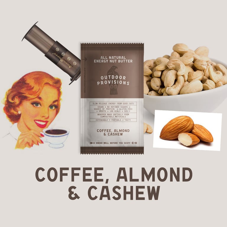 Outdoor Provisions Coffee, Almond &amp; Cashew nut butter sachet in a graphic with an AeroPress, cashews and almonds.