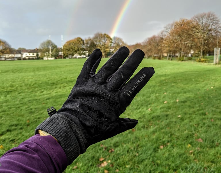 Hand in a wet Sealskinz Fusion Control glove held up towards a double rainbow over a park.