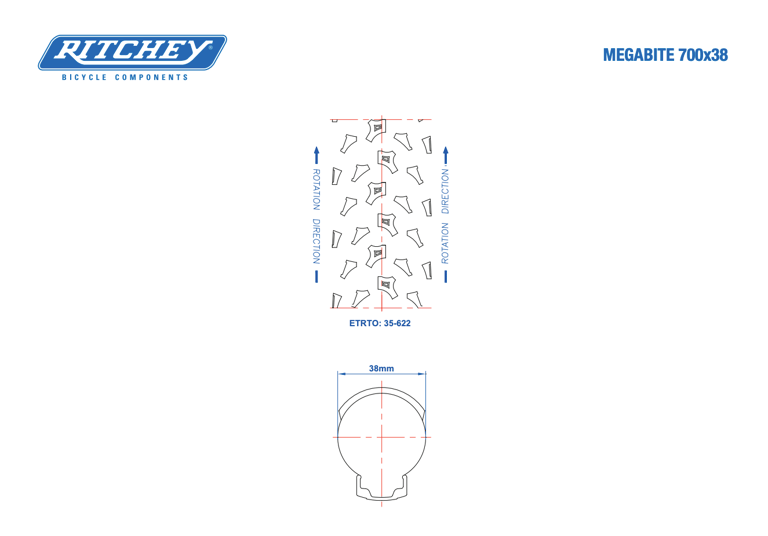 Ritchey technical drawing of the MegaBite 700x38 tread pattern, with rotation direction and a 38mm width marked.