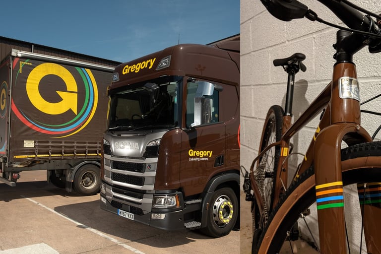 Side-by-side comparison of a brown Gregory Distribution lorry and the Marin DSX 2's matching brown paint and striped fork.