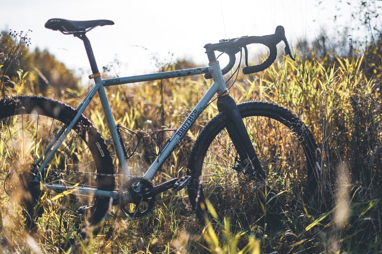 Brother Mehteh gravel bike fitted with Ultradynamico Rosé Robusto tyres, standing in long grass.