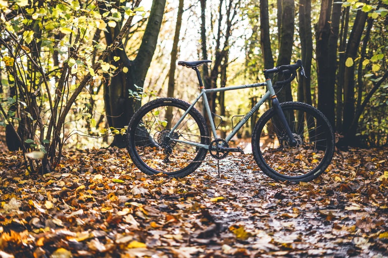 Brother Mehteh with black-sidewall Ultradynamico Rosé Robusto 650b tyres on a leaf-strewn woodland track.