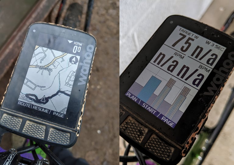 Wahoo ELEMNT ROAM colour display showing a map near Stapleton, and a workout screen with target watts.