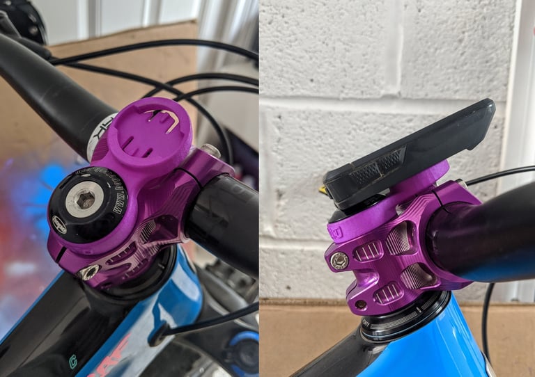 Purple Shapeways 3D-printed stem-cap mount for the Wahoo ELEMNT ROAM, bare and with the unit fitted.