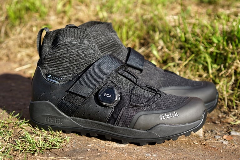 Fizik Terra Clima X2 shoe with knitted sock cuff, strap and BOA dial, the milder-weather sibling of the Artica X2.