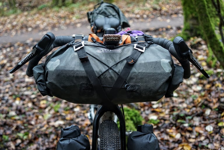 Ortlieb handlebar pack 15L on drop bars, criss-crossed straps over the roll, seen from the front on a leafy track.