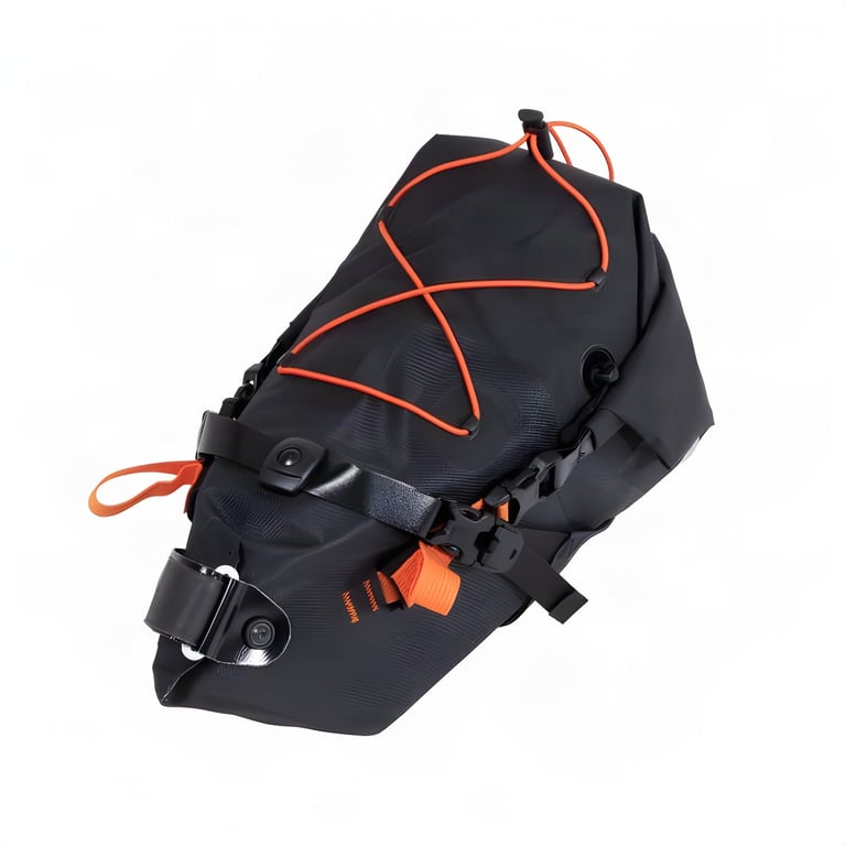 Ortlieb seat post pack in black with orange elastic cord criss-crossing the top, shown from above on white.