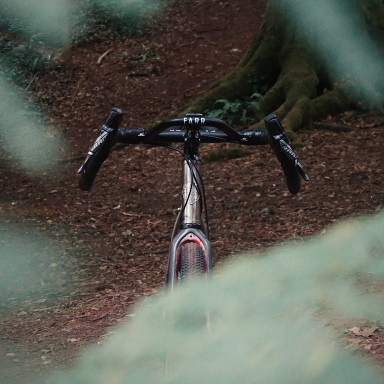 Front view of the Planet X Tempest with FARR handlebars and SRAM levers, seen through blurred foliage on a woodland track.
