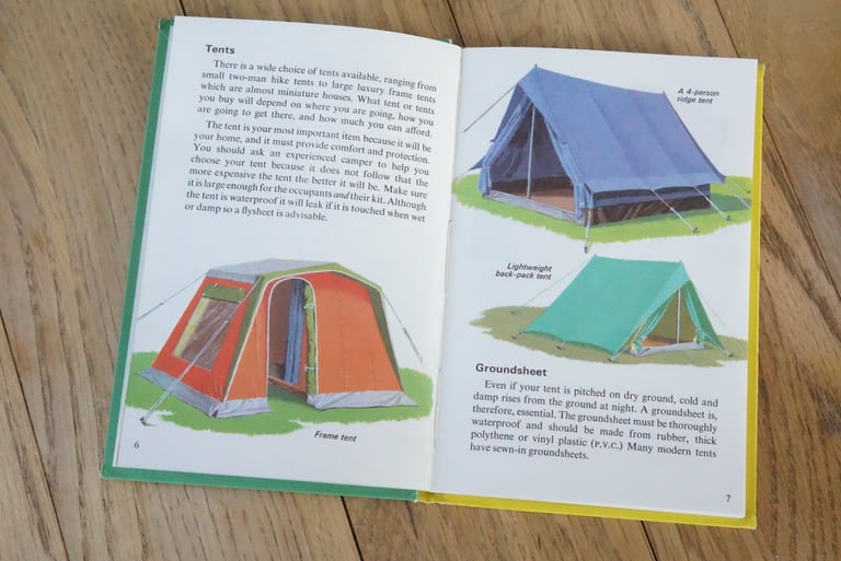 Ladybird camping book open at illustrated 1970s tents: a frame tent, a ridge tent and a lightweight back-pack tent.