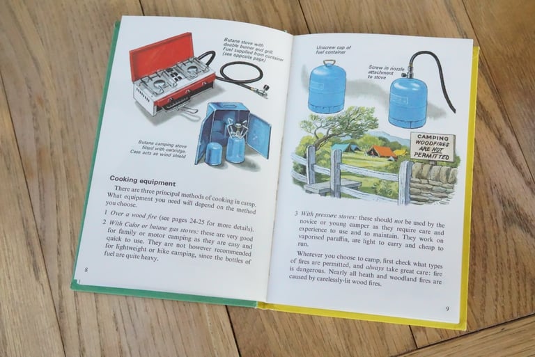 Ladybird camping book spread on cooking equipment, with butane stoves, gas bottles and a no woodfires sign.