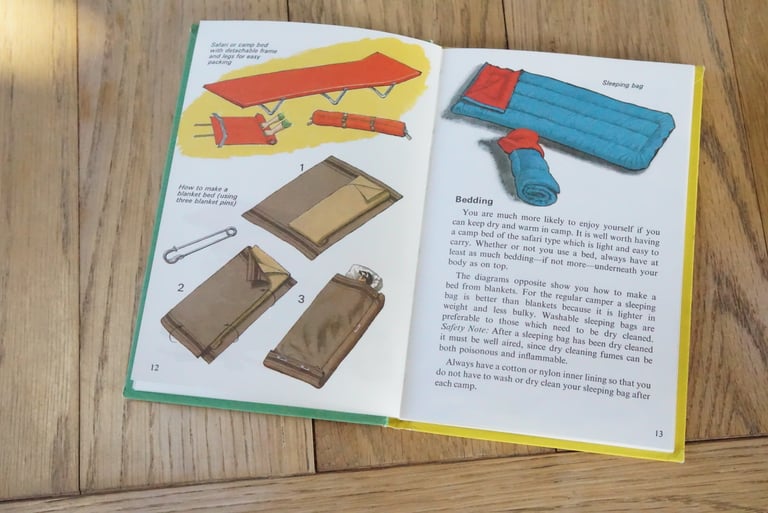 Ladybird camping book page showing a 1970s camp bed, a blanket bed made with pins, and a blue sleeping bag.
