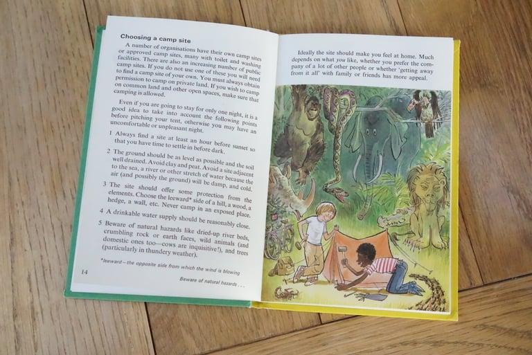Ladybird camping book page on choosing a camp site, with two children pitching a tent among illustrated wild animals.