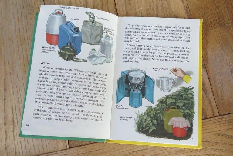 Ladybird camping book water pages showing water carriers, a jerrycan, a pot boiling on a stove and purifying tablets.