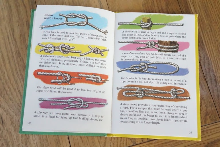 Ladybird camping book spread of useful knots, including the reef knot, bowline and clove hitch, in rope illustrations.