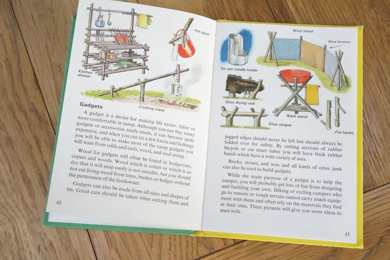 Ladybird camping book gadgets pages with an illustrated kitchen dresser, cooking crane, wash stand and shoe drying rack.