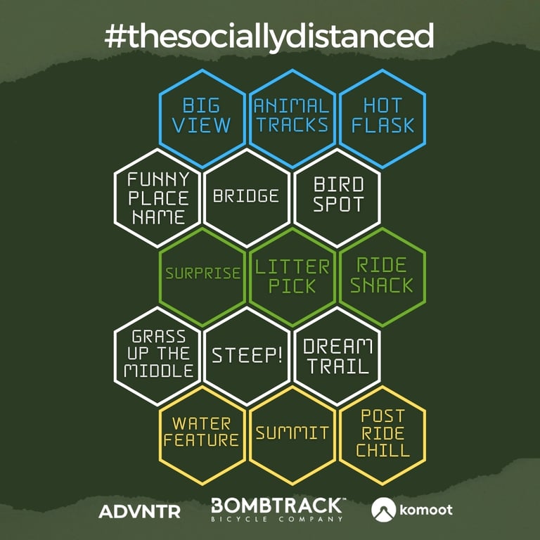 The (Socially) Distance(d) 2021 Blockbusters task card of hexagon tiles including Big view, Hot flask, Bird spot and Summit.
