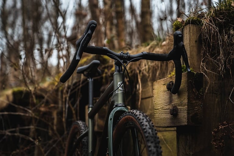 Front end of a Ribble Gravel bike with GRX levers on drop bars and a knobbly tan-wall front tyre, in bare winter woodland.