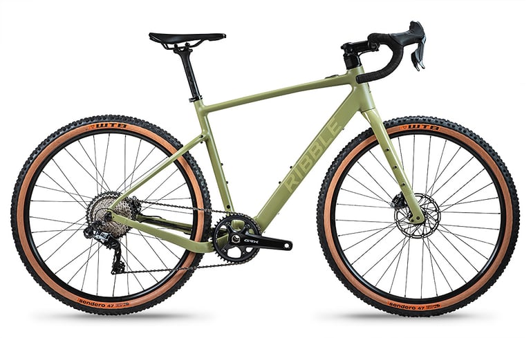 Ribble Gravel AL e electric gravel bike in olive green on white, side view with GRX cranks and WTB Sendero tyres.