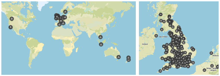 Two komoot maps of rides submitted to The (Socially) Distance(d) 2021, one of the world and one zoomed in on Britain.
