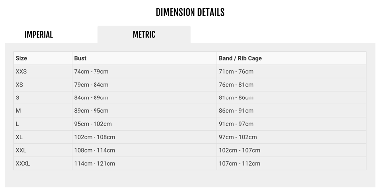 Velocio LUXE bra size chart in centimetres, giving bust and band measurements from XXS (74-79cm) to XXXL (114-121cm).