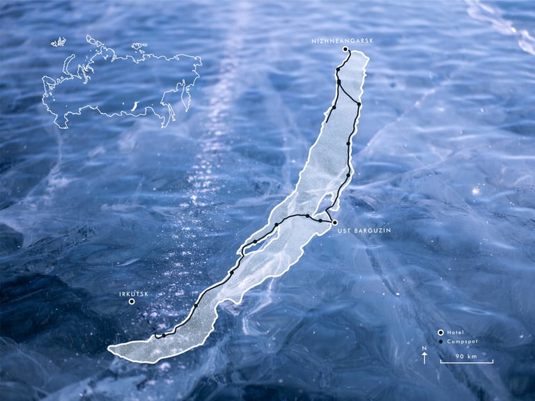 Route map of Gaëlle Bojko's Lake Baikal ride from Nizhneangarsk via Ust Barguzin towards Irkutsk, with campspots.