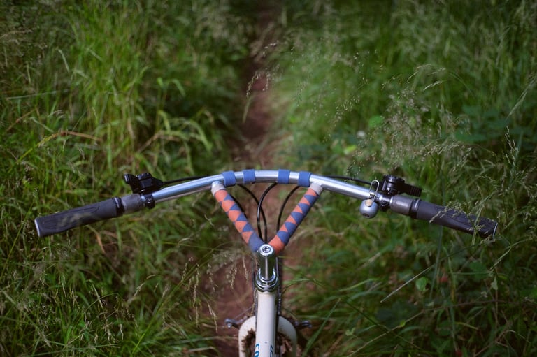 Swept-back handlebar with patterned bar tape and a bell, seen from the saddle on a narrow grassy trail.