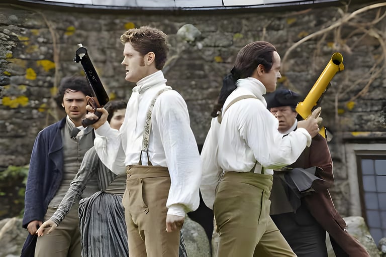 Period-drama still edited so the characters wave old 130mm mountain bike stems about as if they were pistols.