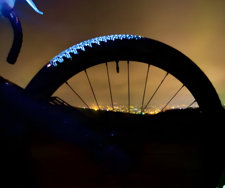 Gravel bike wheel silhouetted at night, with the lights of a town below glowing through the spokes.