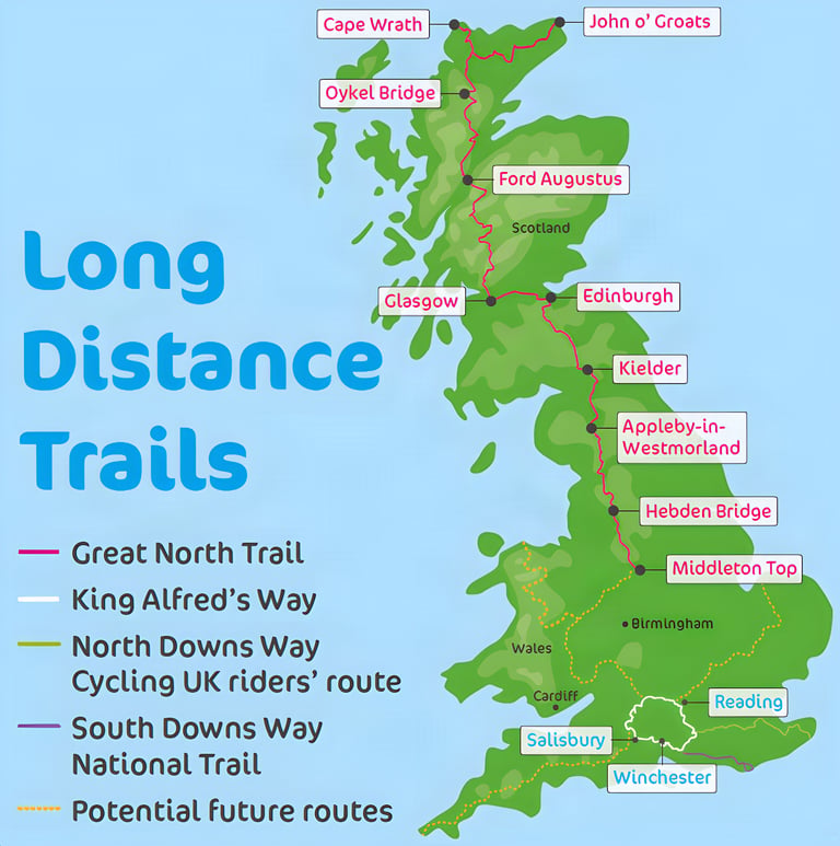 Route map of Cycling UK's long distance off-road trails in Great Britain, from the Great North Trail to King Alfred's Way.
