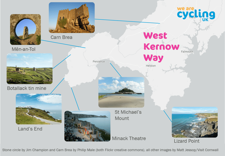 Cycling UK graphic of West Cornwall marking West Kernow Way highlights: Mên-an-Tol, Botallack, Land's End, Lizard Point.
