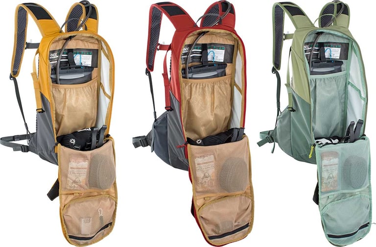 EVOC Ride series 8L, 12L and 16L backpacks in mustard, red and sage green, opened to show the internal pockets.