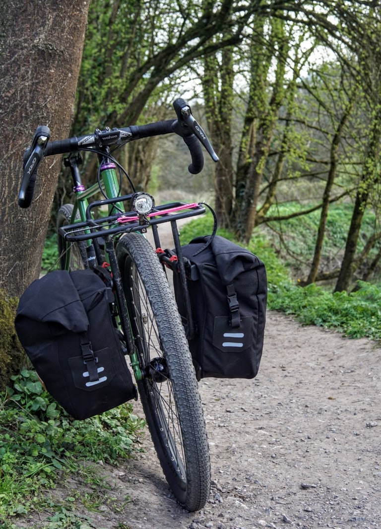 Fairlight Faran with black Restrap panniers on a front rack, propped against a tree beside a gravel track.