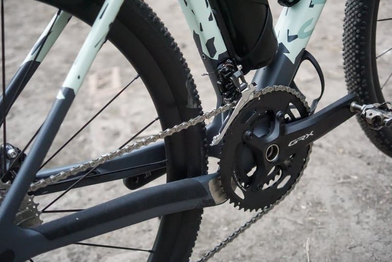 Shimano GRX 2x chainset and front derailleur on the Canyon Grizl CF SL 8, with SPD pedal.