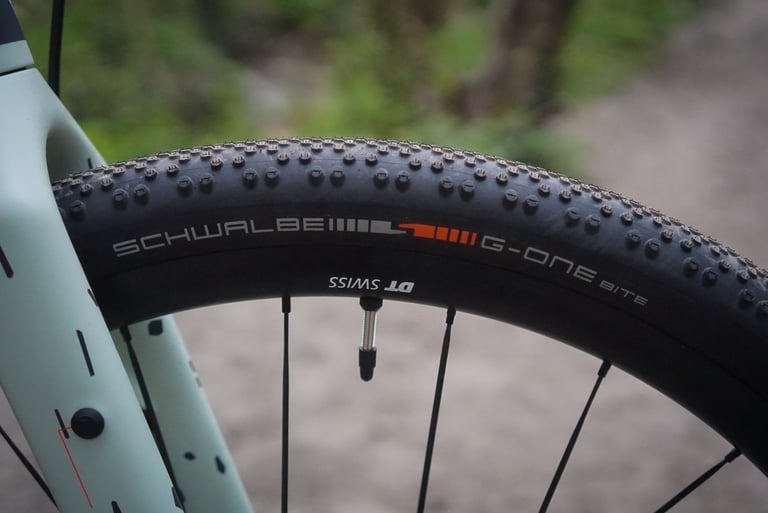 Close-up of a Schwalbe G-One Bite tyre on a DT Swiss rim, with clearance beside the Canyon Grizl fork leg.