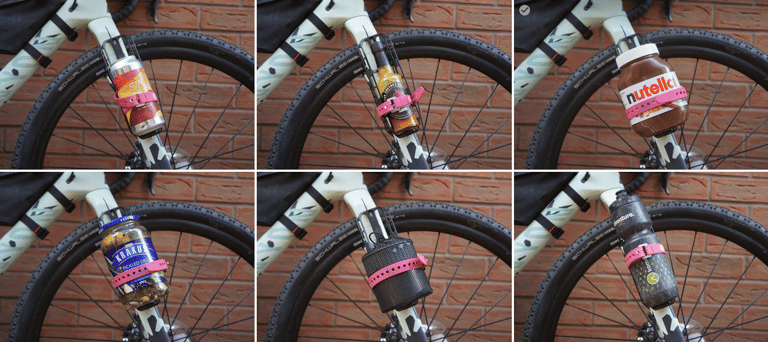 Six-panel grid of a Canyon Grizl fork cage holding a can, sauce bottle, Nutella jar, pickle jar, pouch and bottle.