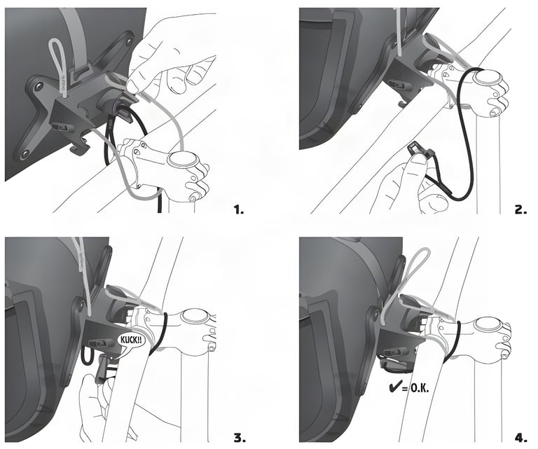 Four-step Ortlieb Handlebar Pack QR fitting diagram: loop the cord, clip the cantilever until it clicks, check.