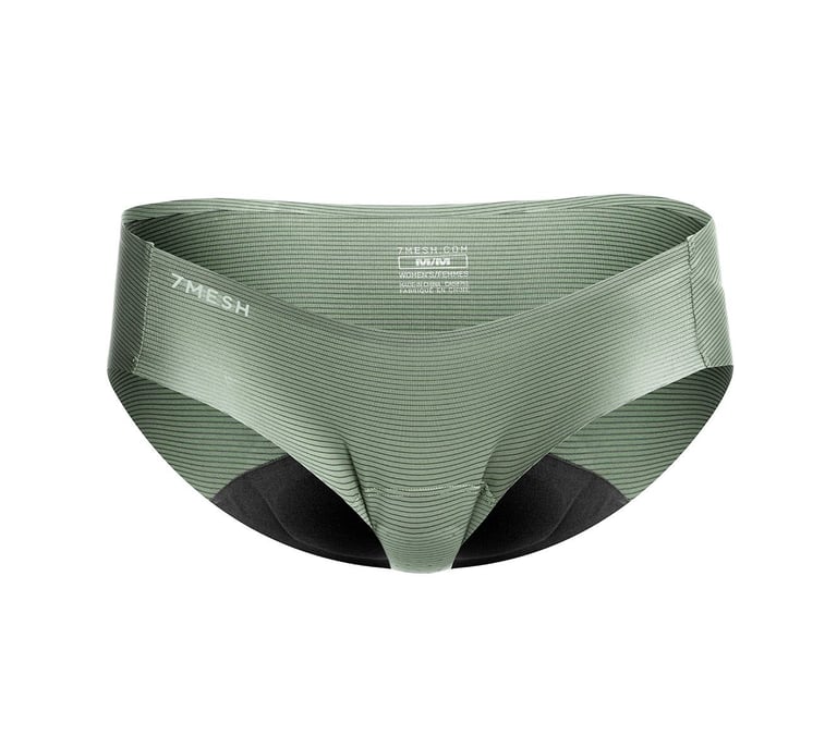 7mesh Women's Foundation padded bike briefs in green stripe with a black pad, front view on white.