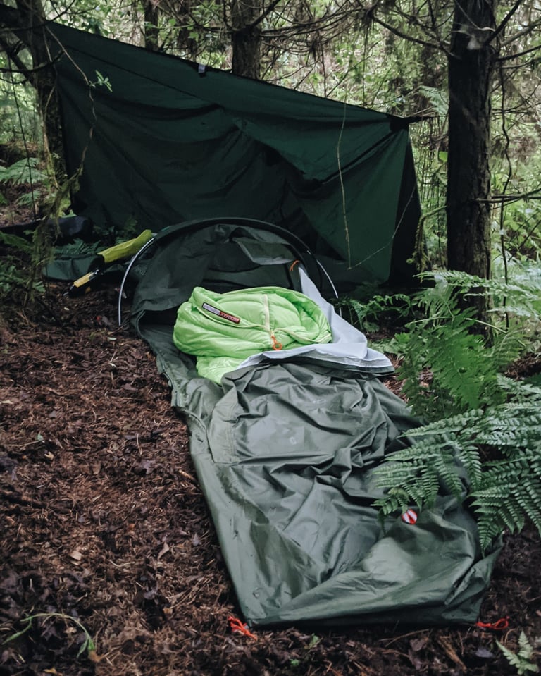 Alpkit Elan hooped bivvy in damp woodland with a green sleeping bag on top and a tarp pitched behind it.