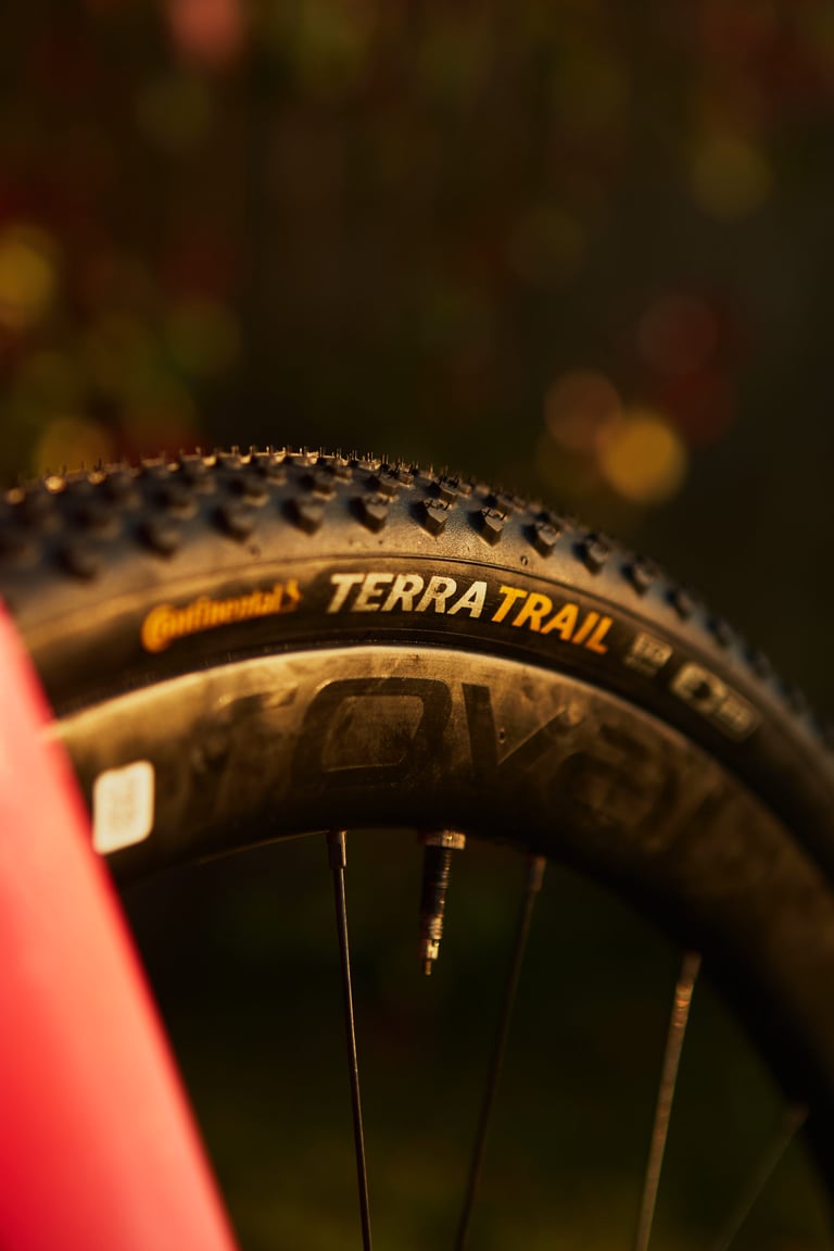 Continental Terra Trail 40mm gravel tyre sidewall lettering and tread, mounted on a Roval rim.