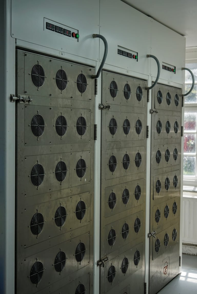 Firepot Food's air-drying chambers, steel doors studded with rows of small cooling fans.