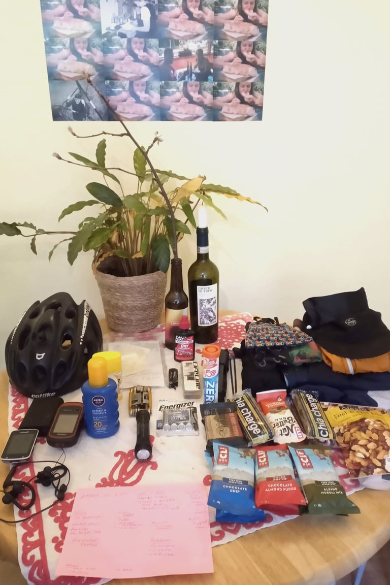 Kit laid out on a table before the Badger Divide FKT: helmet, GPS units, energy bars, nuts, clothing, wine and a plant.