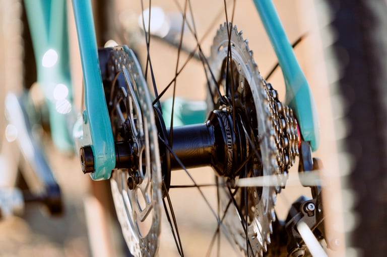 Close-up of a WTB Frequency rear hub, cassette and disc rotor on a teal gravel bike with CZR wheels.