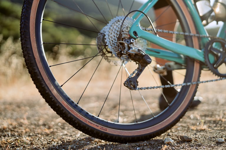 Rear WTB CZR i23 carbon gravel wheel with tan-wall Resolute tyre, cassette and derailleur on a teal bike frame.