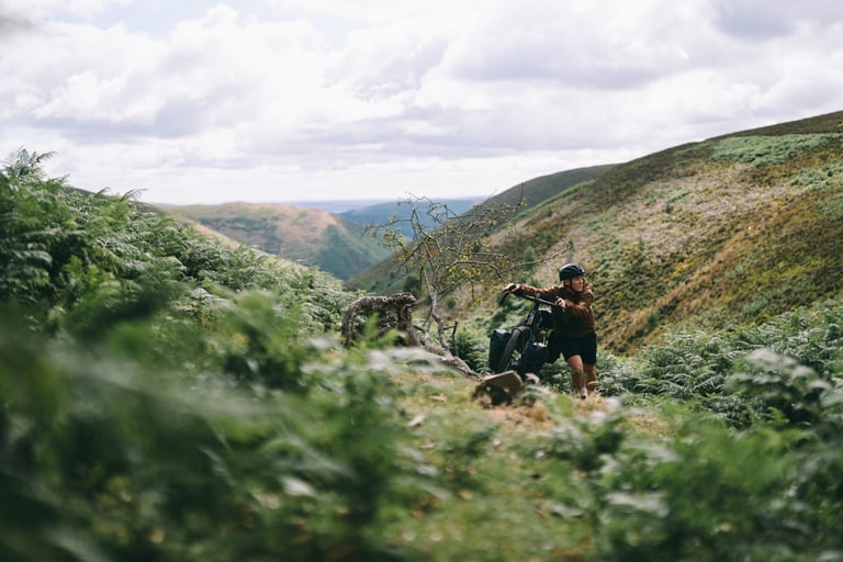 Rider pushes a bike loaded with Tailfin Mini Panniers up a bracken-covered hillside track above a wide valley.